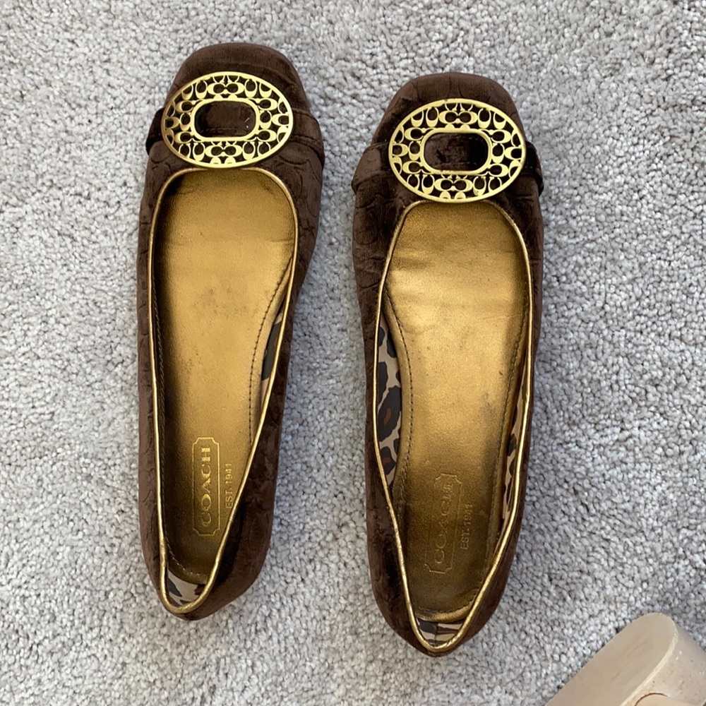 Velvet chocolate brown and gold Coach flats